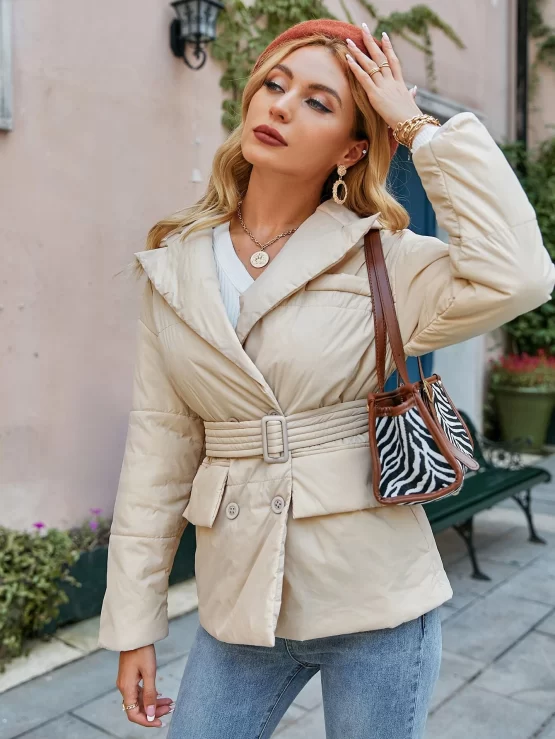 Simplee Lapel Neck Flap Detail Double Breasted Belted Padded Coat - Image 4