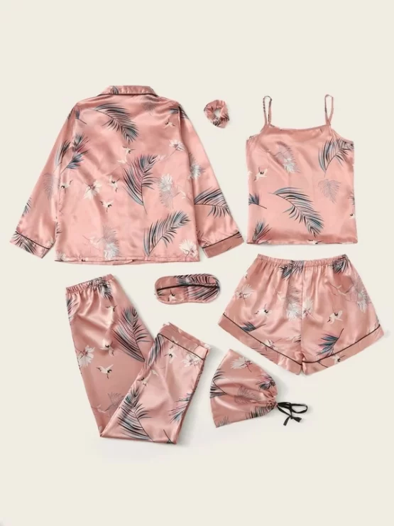 7pcs Crane & Tropical Print Satin Pajama Set - Image 2