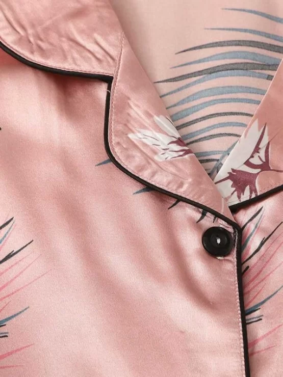 7pcs Crane & Tropical Print Satin Pajama Set - Image 3