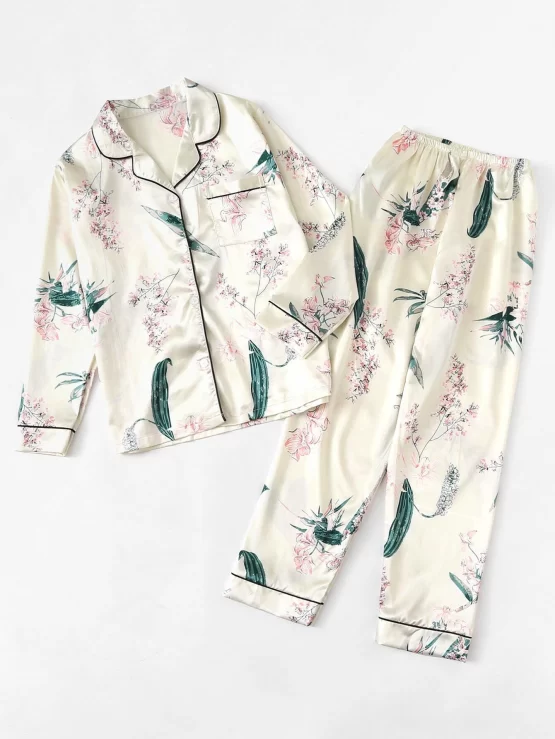 Seven pieces Floral Print Satin Pajama Set - Image 2