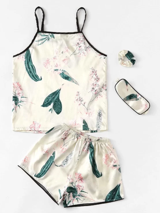 Seven pieces Floral Print Satin Pajama Set - Image 3