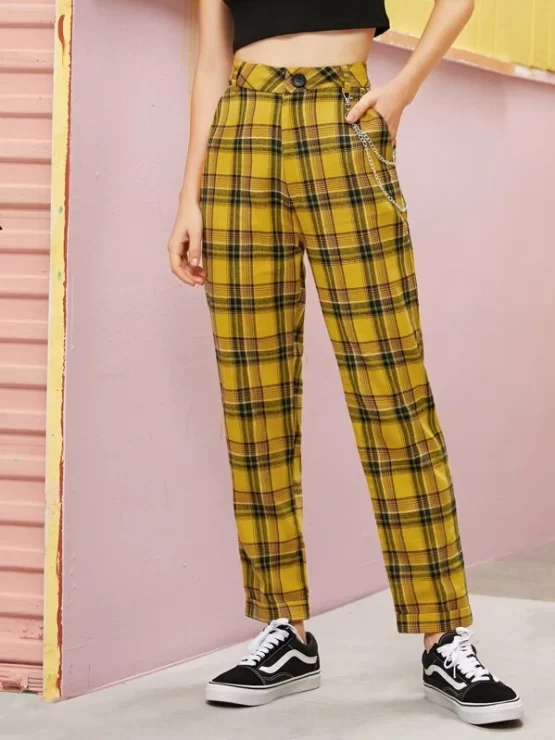 Chain Detail Preppy Tartan Plaid Pants - Image 3