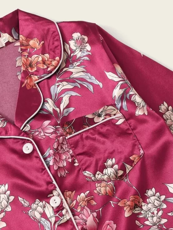 Four pieces Floral Print Satin Pijama Set - Image 9