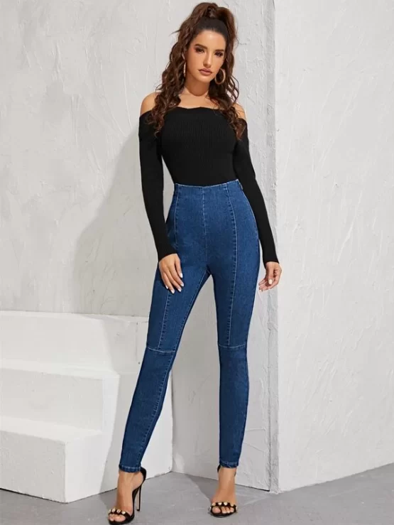High Waist Denim O-ring Skinny Jeggings - Image 2