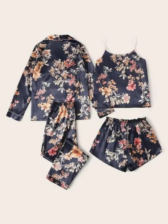 Four pieces Floral Print Satin Pijama Set - Image 2