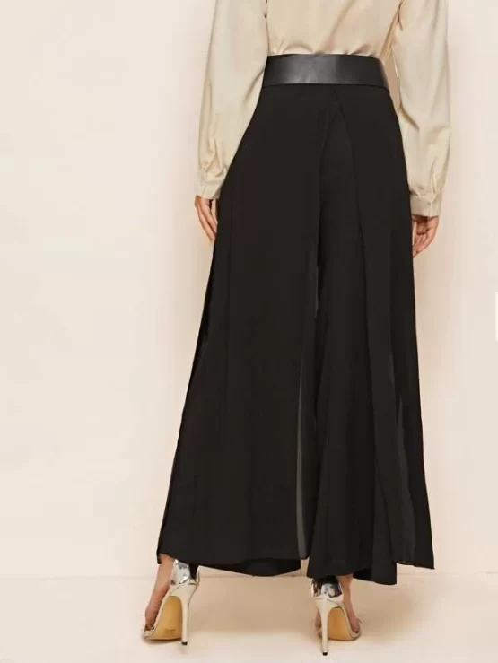 Split Skirt Overlay Buckle Belted Wide Leg Pants - Image 2