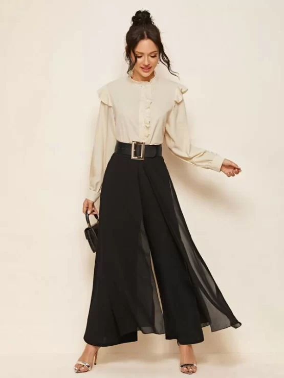 Split Skirt Overlay Buckle Belted Wide Leg Pants - Image 3