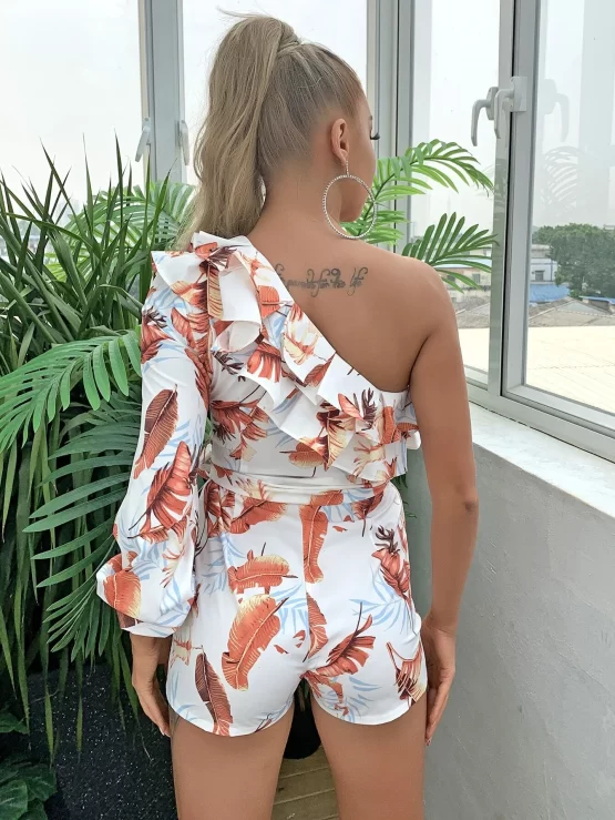 Joyfunear Ruffle One Shoulder Belted Tropical Romper - Image 2