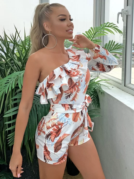 Joyfunear Ruffle One Shoulder Belted Tropical Romper - Image 3