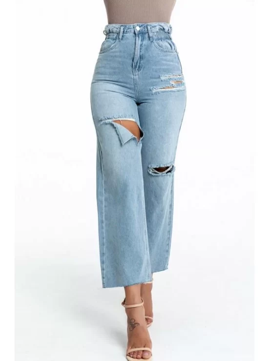High Waisted Ripped Detail Palazzo Jeans - Image 2