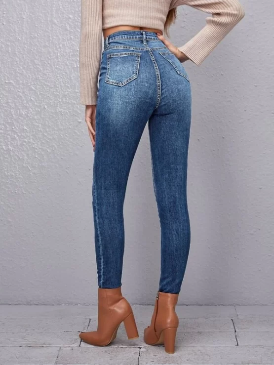 Plain High Waist Zipper Ripped Skinny Jeans - Image 3