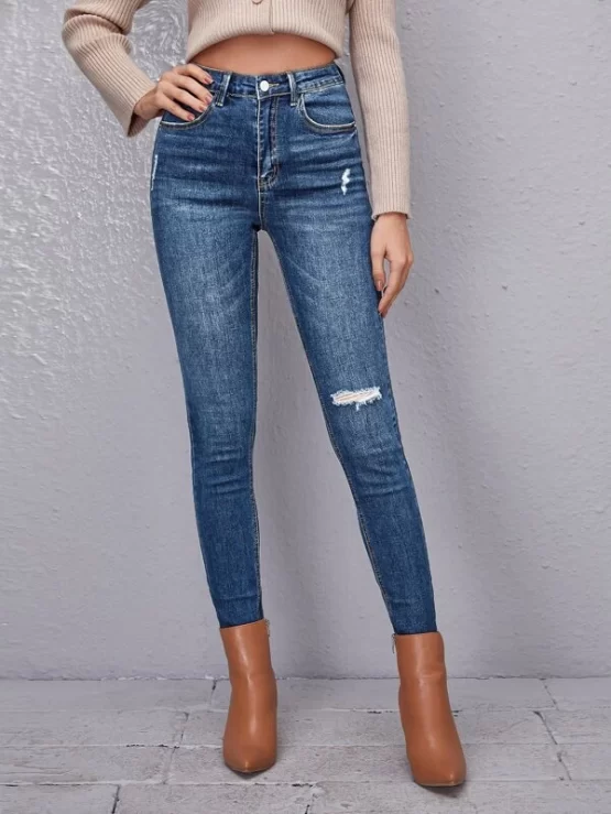Plain High Waist Zipper Ripped Skinny Jeans - Image 2