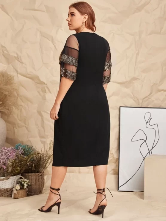 Plus Plain Mesh Yoke Bodice Sequin Dress - Image 6