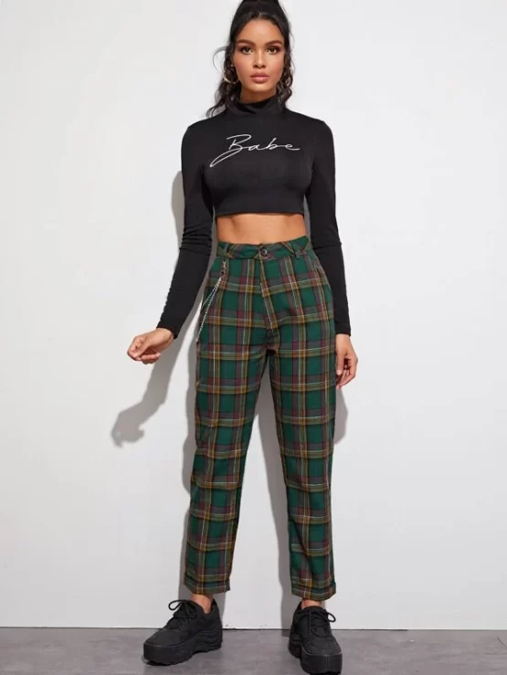 Chain Detail Preppy Tartan Plaid Pants - Image 5