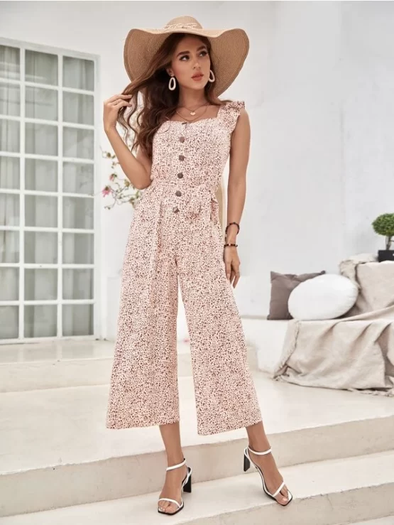 All Over Ruffle Belted Print Button Front Jumpsuit - Image 2
