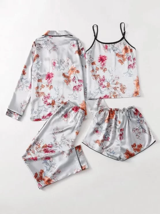 Four pieces Floral Print Satin Pijama Set - Image 6
