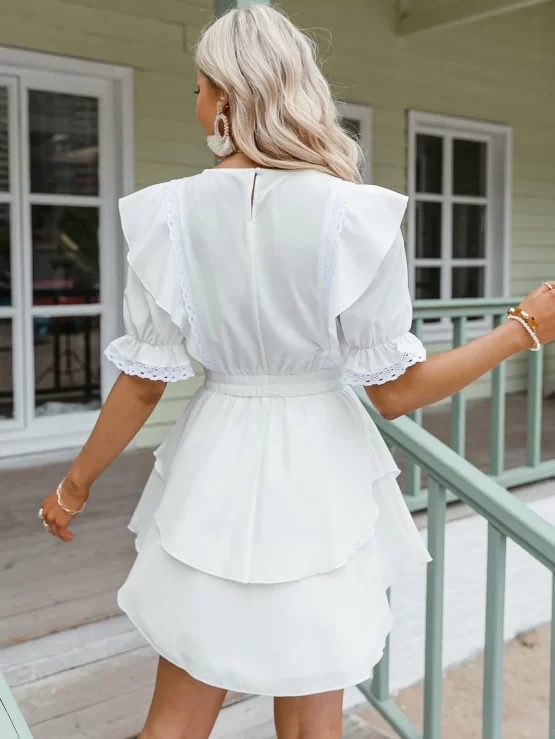 Simplee Flounce Sleeve Shirred Waist Ruffle Detail Layered Hem Dress - Image 3