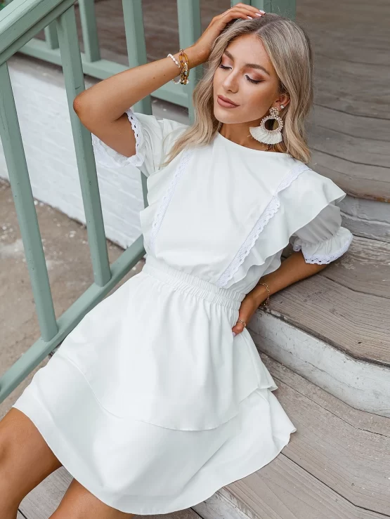 Simplee Flounce Sleeve Shirred Waist Ruffle Detail Layered Hem Dress - Image 2