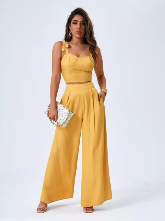 Tie Shoulder Cami Top & Wide Leg Pants Set - Image 2