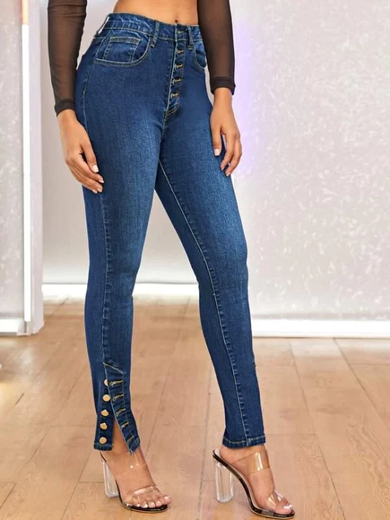Curvy Stonewash Button Fly Skinny Jeans - Image 6