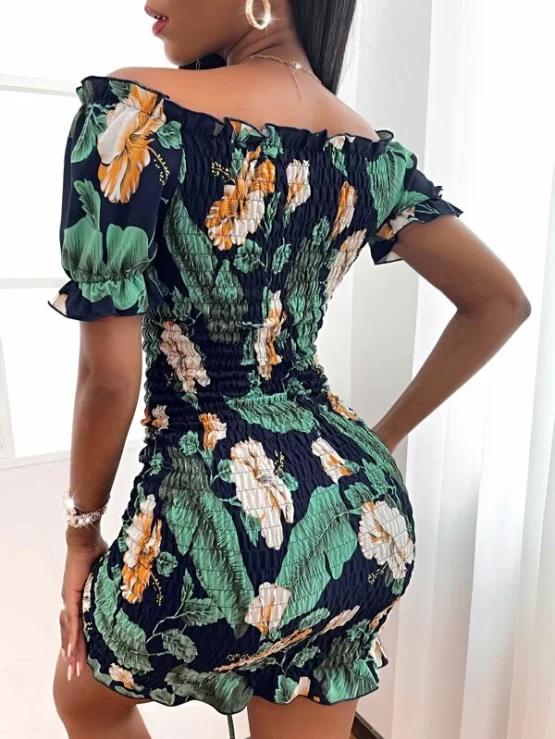 All Over Floral Shirred Drawstring Front Bodycon Dress - Image 3