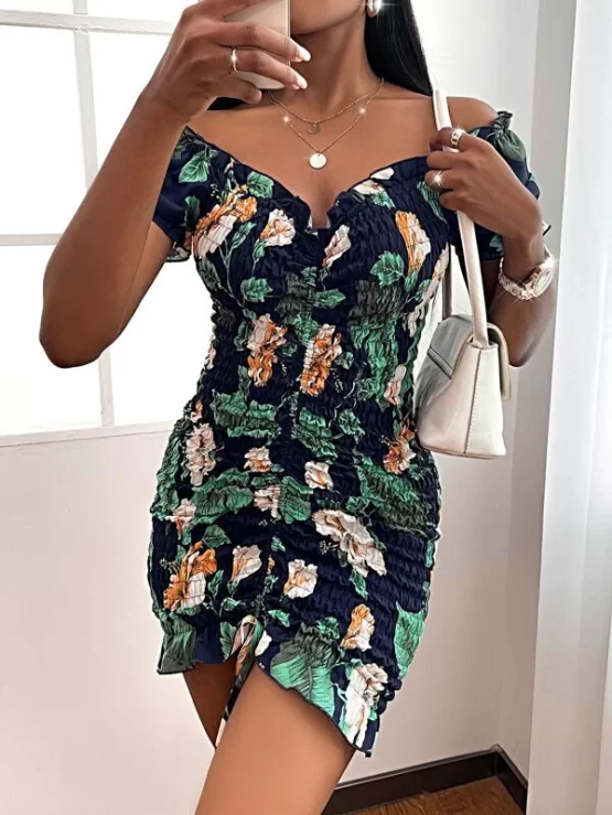 All Over Floral Shirred Drawstring Front Bodycon Dress - Image 2