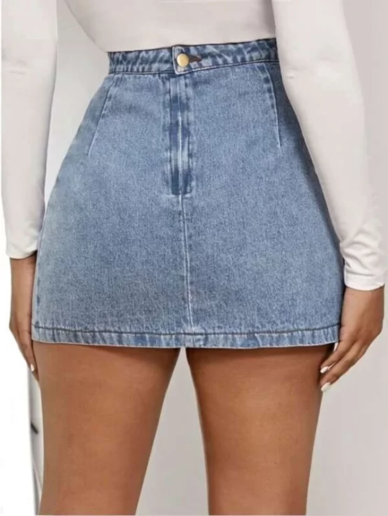 Light Wash Split Button Hem Denim Skirt - Image 3