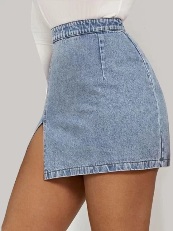 Light Wash Split Button Hem Denim Skirt - Image 2