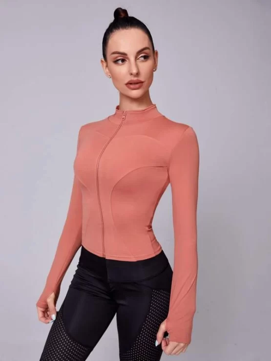 Plain Zipper Thumb Holes Sports Jacket - Image 3
