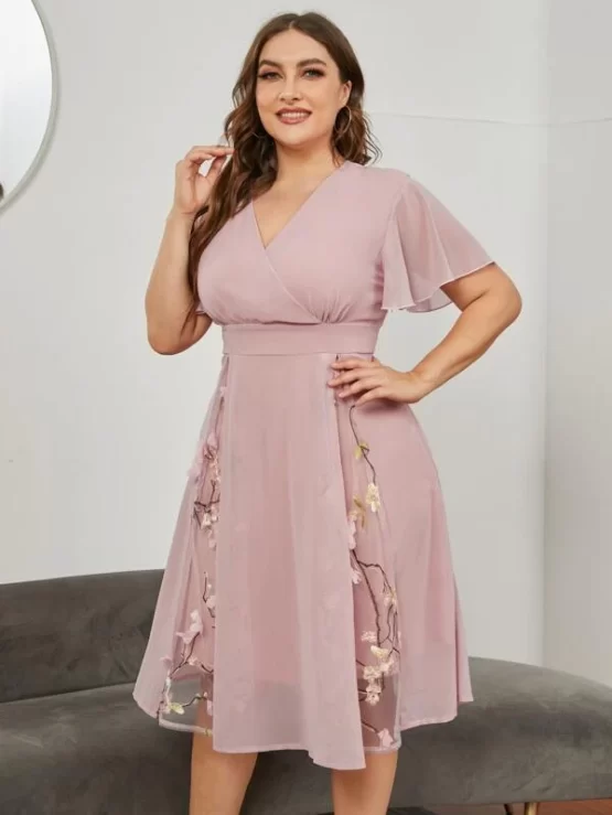 Plus Chiffon Plants Embroidered Appliques Midi Dress - Image 3