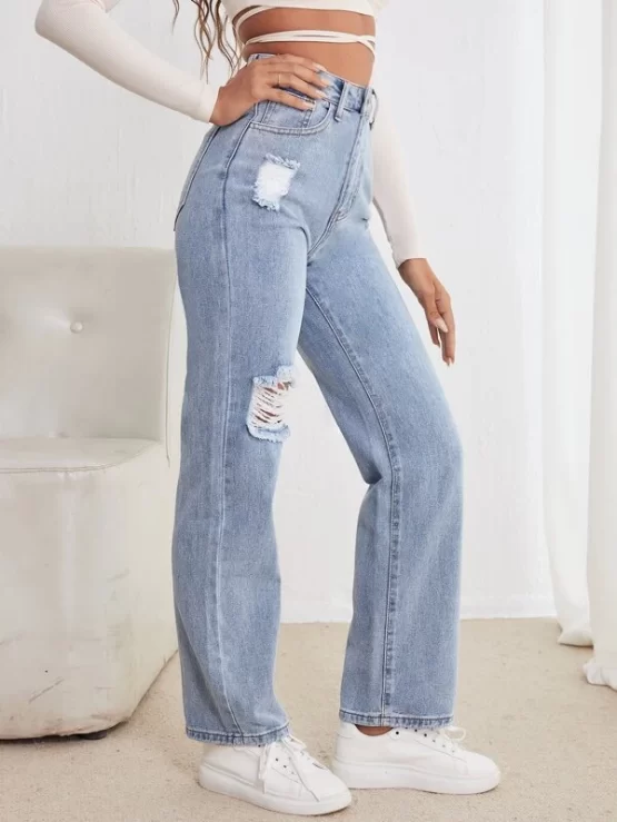 High Waist Straight Ripped Leg Jeans - Image 8