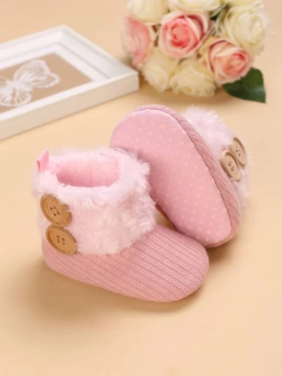 Baby Girls Pink Buttons Decor Fluffy Boots - Image 2