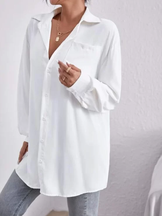 Patch Pocket Bishop Sleeve Drop Shoulder Blouse Without Belt - Image 3