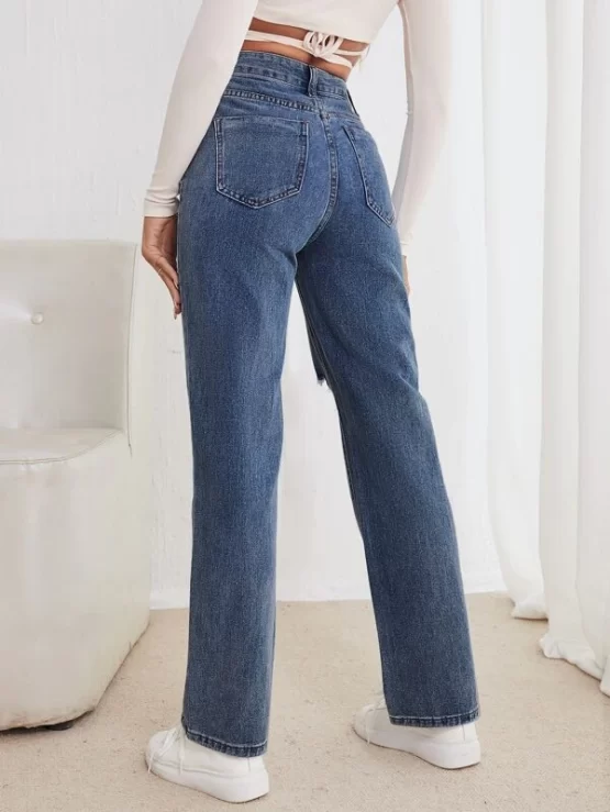 High Waist Straight Ripped Leg Jeans - Image 5