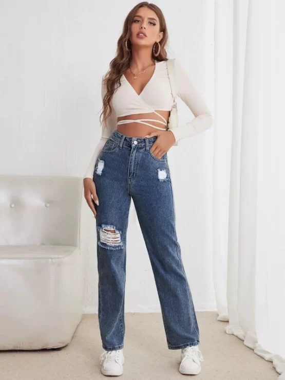 High Waist Straight Ripped Leg Jeans - Image 6