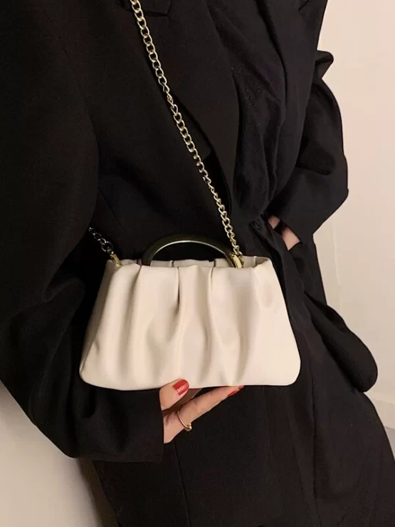 Minimalist Leather White Ruched Bag - Image 2