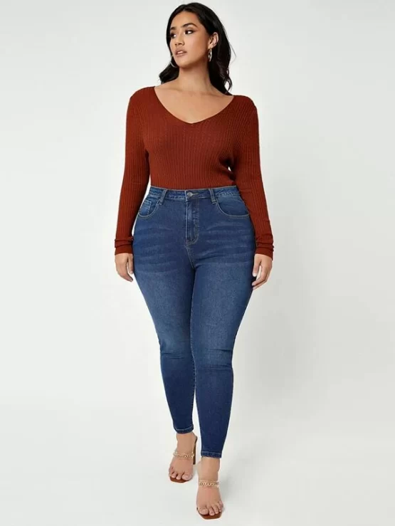 Plus Button Zipper High Waist Skinny Jeans - Image 3