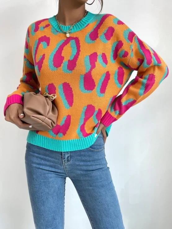 Graphic Pattern Contrast Trim Drop Shoulder Sweater - Image 2