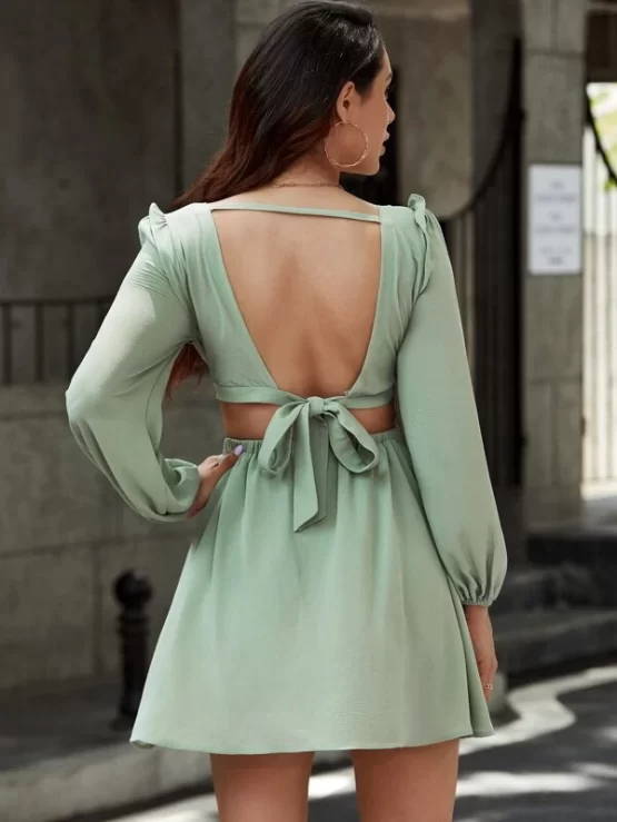 Plunging Neck Tie Back Cut Out Waist A-Line Dress - Image 2