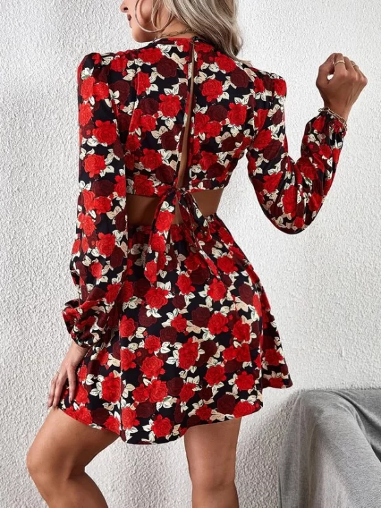 Allover Sexy V Neck Floral Cut-waist Dress - Image 2