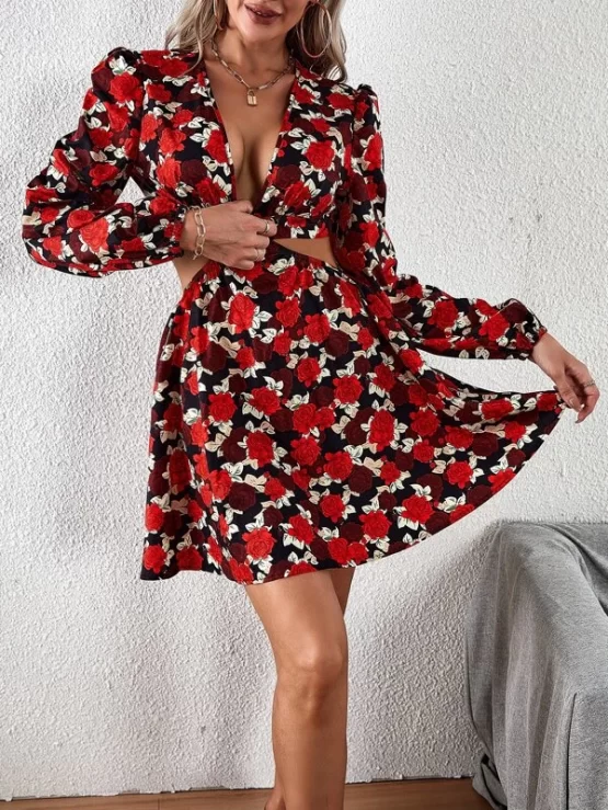 Allover Sexy V Neck Floral Cut-waist Dress - Image 3