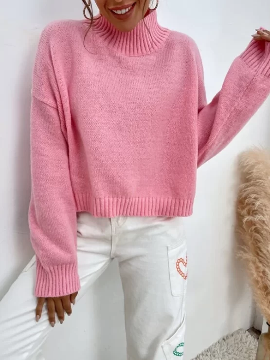 Mock Neck Plain Casual Drop Shoulder Sweater - Image 3