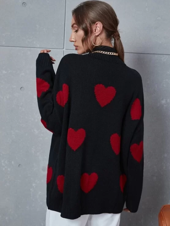 Heart Pattern Mock Neck Drop Shoulder Sweater - Image 3