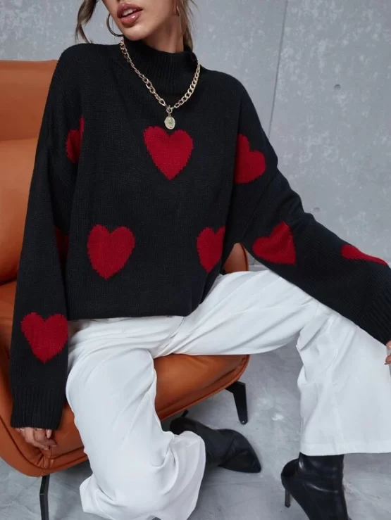 Heart Pattern Mock Neck Drop Shoulder Sweater - Image 2
