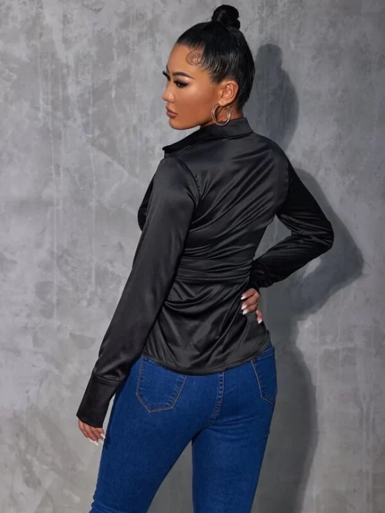 Solid Collar Plain Button Front Satin Blouse - Image 9