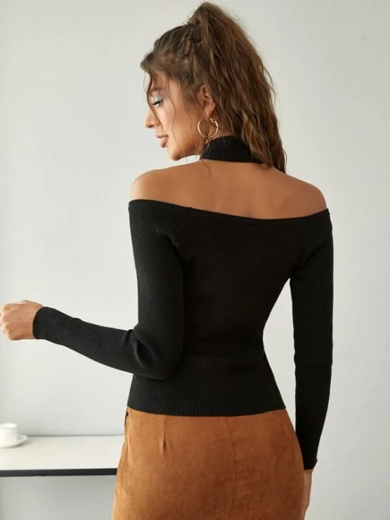 Halter Crop Criss Cross Rib Knit Sweater - Image 3