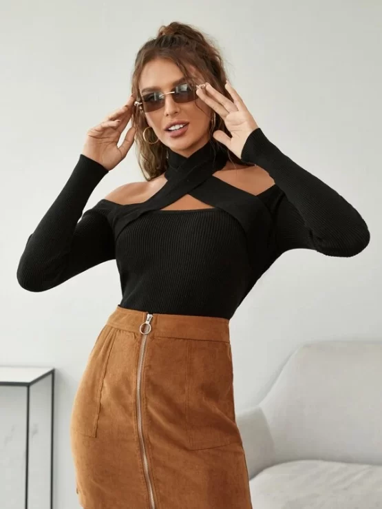 Halter Crop Criss Cross Rib Knit Sweater - Image 2