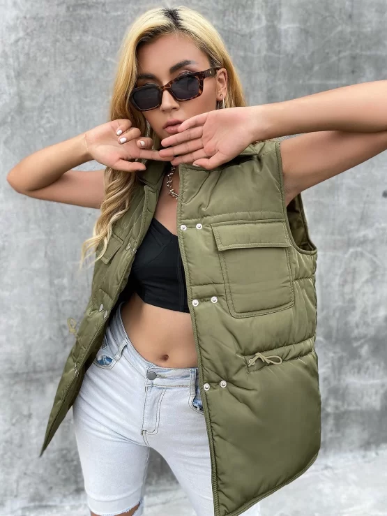 Eilly Bazar Flap Pocket Drawstring Waist Sleeveless Winter Coat - Image 2