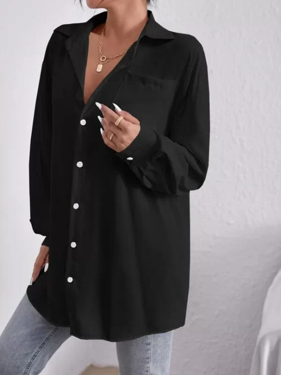 Patch Pocket Bishop Sleeve Drop Shoulder Blouse Without Belt - Image 9