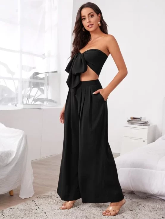 Tie Front Tube Top and Wide Leg Pants Set - Image 5